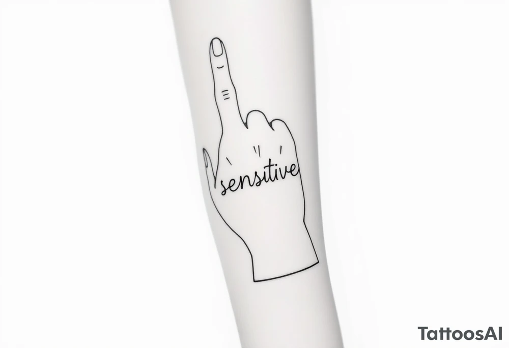 A manicured hand with the middle finger up with the word "sensitive" tattoo idea