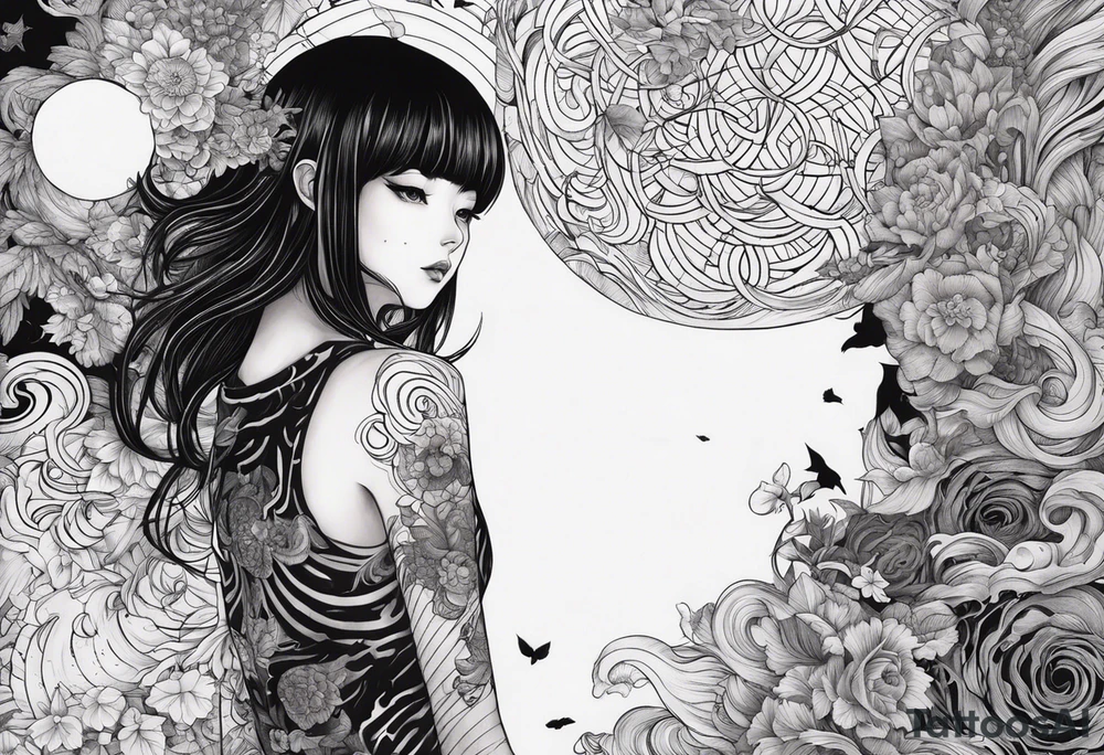 Une image style tattoo du personnage Tomie de Junji ito avec des détails lié a son univers sur les cotés comme des spira tattoo idea