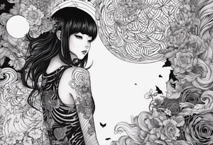 Une image style tattoo du personnage Tomie de Junji ito avec des détails lié a son univers sur les cotés comme des spira tattoo idea