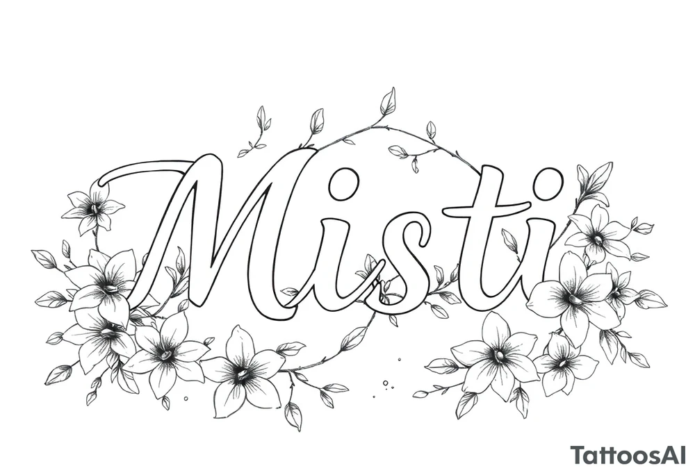 The word Misti surrounded by flowers, lilies. Vine in the letters. tattoo idea