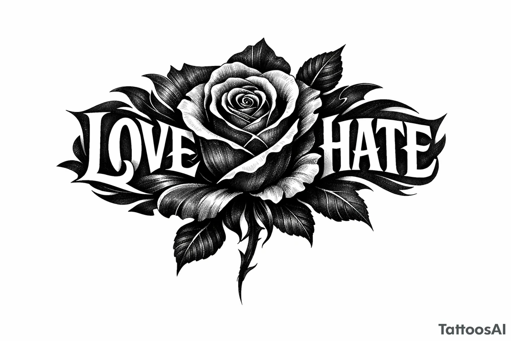 Single rose, petals morphing into bold love and hate lettering. tattoo idea
