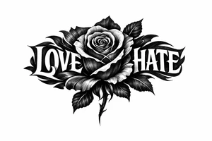 Single rose, petals morphing into bold love and hate lettering. tattoo idea