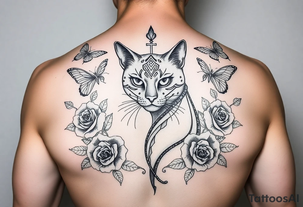 Elegant Egyptian feline surrounded by rose ornaments and butterflies tattoo idea
