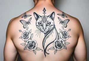 Elegant Egyptian feline surrounded by rose ornaments and butterflies tattoo idea