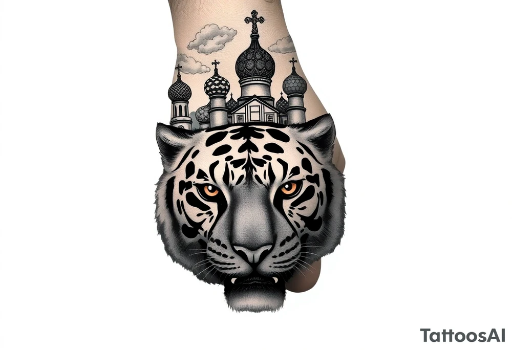 Realistic tiger face on the back of the hand with strong contrast and fine detail with hollow black eyes. with a highly detailed Russian Orthodox cathedral sitting above on fore arm with onion domes and orthodox crosses, done in fine line, engraving-like style. Cohesive composition, black ink only, no color, high contrast, slightly aged, documentary-style, plain light background. with clouds above and a virgin mary tattoo idea