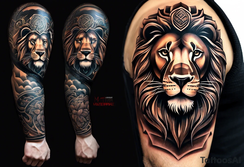 A full tattoo sleeve designed with a strong, masculine aesthetic, featuring a powerful lion as the centerpiece. The lion, symbolizing strength, courage, and leadership, is depicted with intricate detail and dynamic shading, capturing its fierce expression and majestic mane. Surrounding the lion, incorporate geometric patterns that add structure and contrast to the design. These patterns are bold and angular, creating a sense of order and symmetry that complements the natural form of the lion. The geometric elements are woven around the lion, emphasizing its central position while providing a modern, edgy backdrop. The shading throughout the sleeve is deep and dramatic, enhancing the contrast between the organic features of the lion and the precise lines of the geometric patterns. The overall design is bold, intense, and visually striking, combining the raw power of the lion with the clean, ordered aesthetic of geometric patterns for a cohesive and masculine tattoo sleeve. tattoo idea