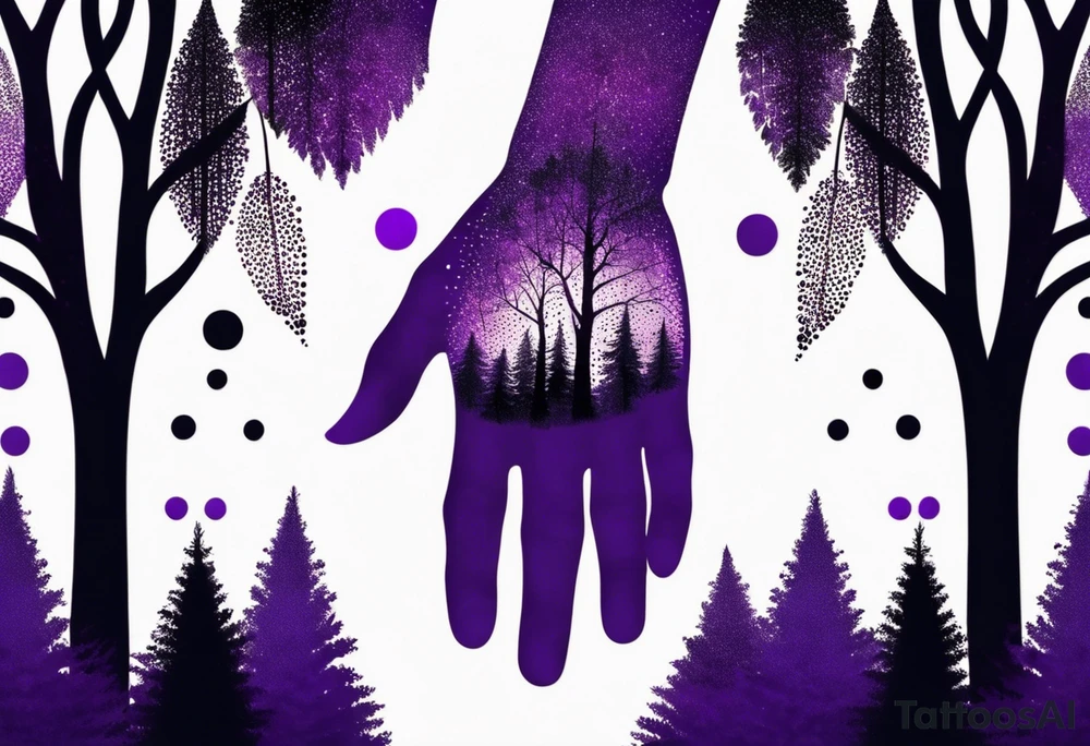 forest, abstract, on hand, no people, purple and black, full tattoo idea