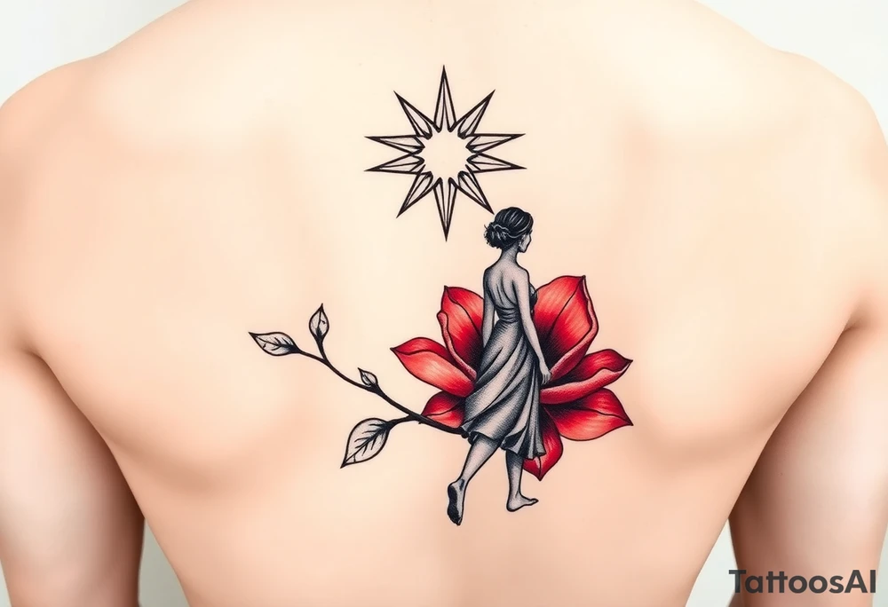 A highly artistic tattoo design with a central focus on a radiant star, symbolizing guidance and empowerment. Below the star, a deep crimson arghaman flower (scarlet flower) blooms gracefully, representing beauty and resilience. To the side, a free-spirited woman walks barefoot, embodying feminine strength and absolute freedom. The composition should evoke a sense of empowerment and liberation, with flowing lines and a dreamy, poetic atmosphere. The style should be artistic rather than hyper-realistic, with fine details, elegant line work, and a slightly abstract touch. The overall aesthetic should feel timeless, expressive, and deeply meaningful, capturing the essence of feminine power and freedom. tattoo idea