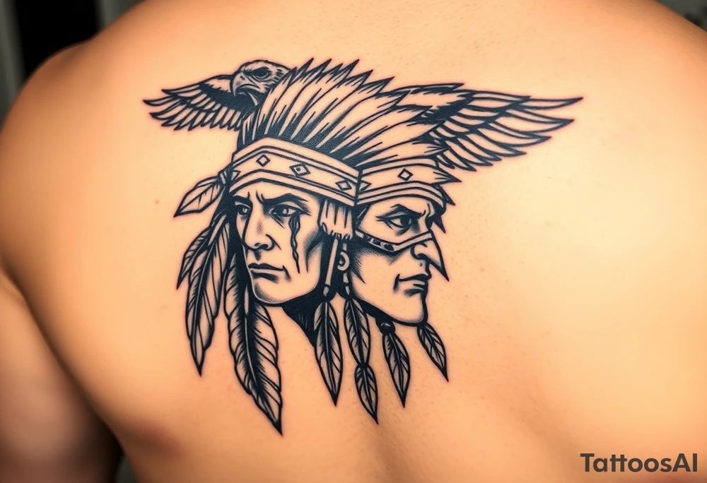 tear indian warrior with Hawk above in background, flat silhouette except Indian warrior face w tear, show it strength, honor, love, spirit.. tattoo idea