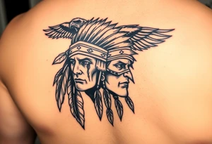 tear indian warrior with Hawk above in background, flat silhouette except Indian warrior face w tear, show it strength, honor, love, spirit.. tattoo idea