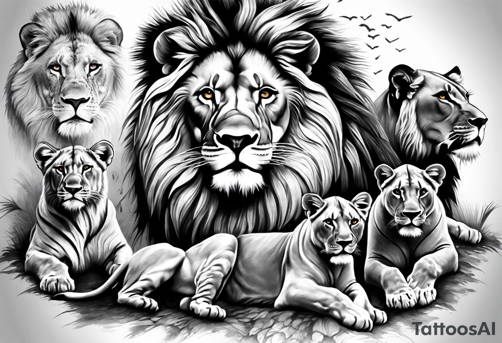 Full sleeve tattoo depicting a large lion protecting his lioness and 6 lion cubs. Background should depict a safari scene tattoo idea