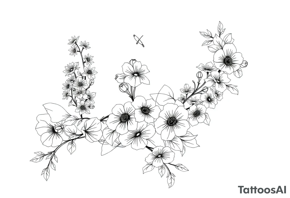 Full sleeve tattoo design of larkspur and hawthorn flowers, highly detailed line art, black ink, elegant botanical style, intertwined composition, no shading, no human mock-up, clean stencil style suitable for tattooing, fit fully within boundaries. LINE ART ONLY, REMOVE HUMAN, NO SKIN, NO ARM, NO HUMAN BODY PARTS tattoo idea