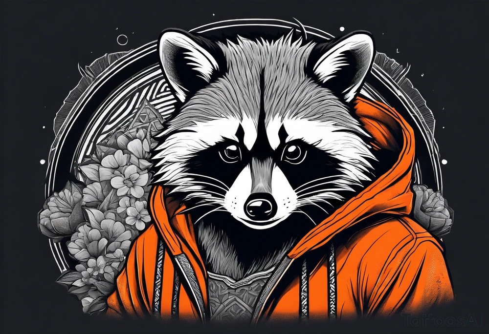 Raccoon wearing an orange Superman hoodie tattoo idea