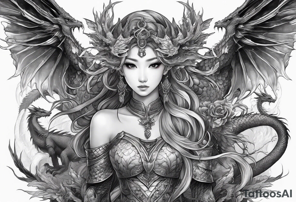 beautiful warrior nymph with dragon wings and dragon friends tattoo idea