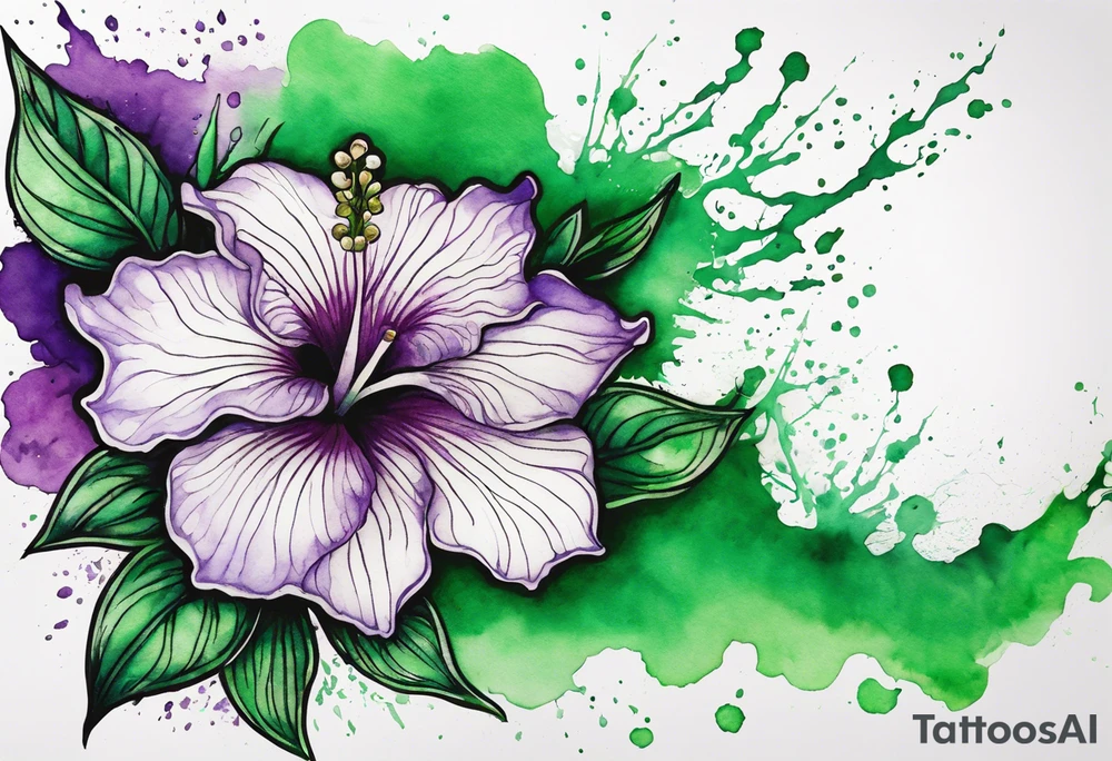 A mystical outline of a green and purple rio dipladenia flower and a green and purple watercolor splash in the background tattoo idea