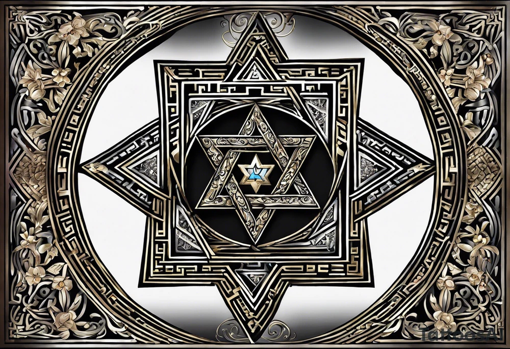 I would like two symmetrical tattoos on the left and right sides of my chest. The main element should be a Star of David (six-pointed star) on each side. Inside each star, I want the Armenian Wheel of Eternity.

	•	The Wheel of Eternity should be placed in the center of the Star of David, with a circular, swirling design to symbolize infinity and continuous life cycles. It should be detailed but simple enough to blend seamlessly with the star.
	•	The overall look should be bold, clean, and geometric, with a modern and minimalist style. tattoo idea