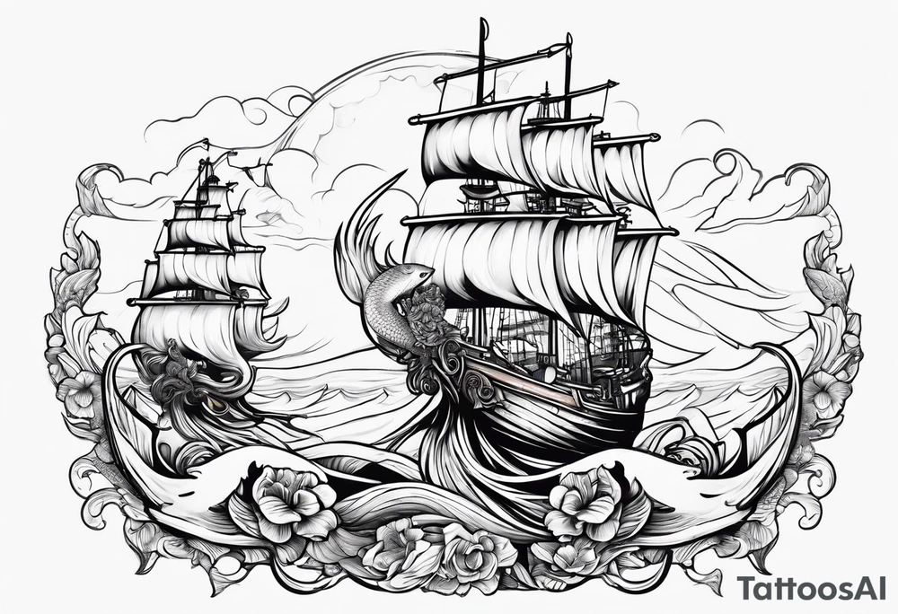 mermaid with galleon ship tattoo idea