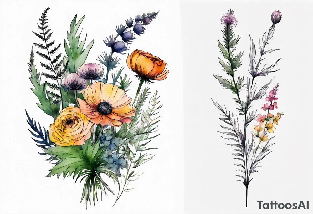 vertical mixed wildflower bouquet with ferns, ranunculus, thistle and with watercolor tattoo idea