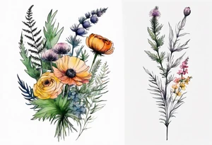 vertical mixed wildflower bouquet with ferns, ranunculus, thistle and with watercolor tattoo idea