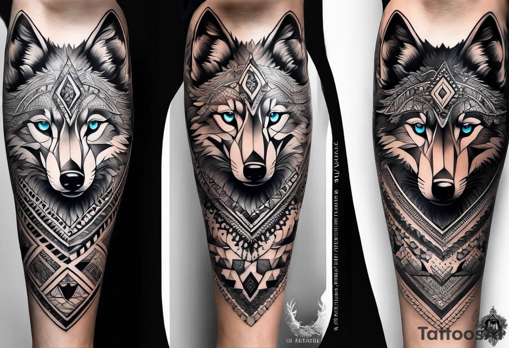 leg sleeve with mandela patterns and a wolf tattoo idea