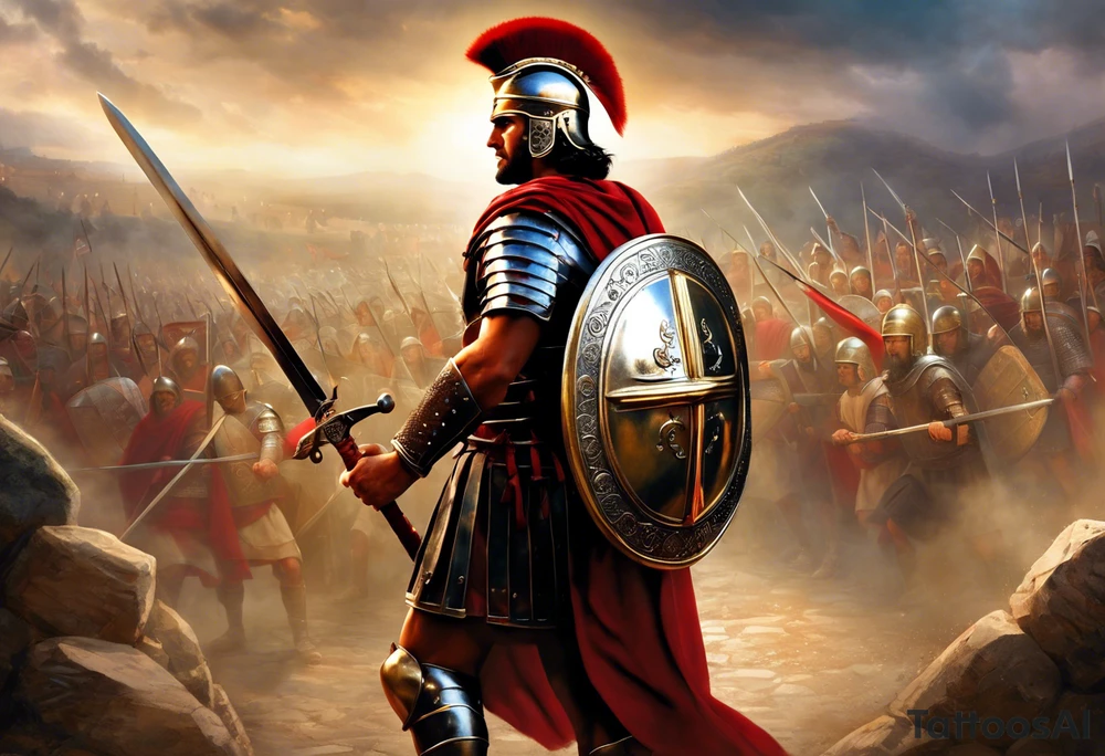 roman soldier from AD 60, wearing the armor of God which is described like this: "Finally, be strong in the Lord and in the strength of his might. Put on the whole armor of God, so that you may be able to stand against the wiles of the devil. For our struggle is not against enemies of blood and flesh, but against the rulers, against the authorities, against the cosmic powers of this present darkness, against the spiritual forces of evil in the heavenly places. Therefore take up the whole armor of God, that you may be able to withstand in the evil day, and having done everything, to stand firm. Stand therefore, having girded your loins with truth, and having put on the breastplate of righteousness, and having shod your feet with the readiness which comes from the gospel of peace. In all circumstances take up the shield of faith, with which you can quench all the flaming darts of the evil one. And take the helmet of salvation, and the sword of the Spirit, which is the word of God." All elements of the armor need to be shown in the image. Full body. tattoo idea