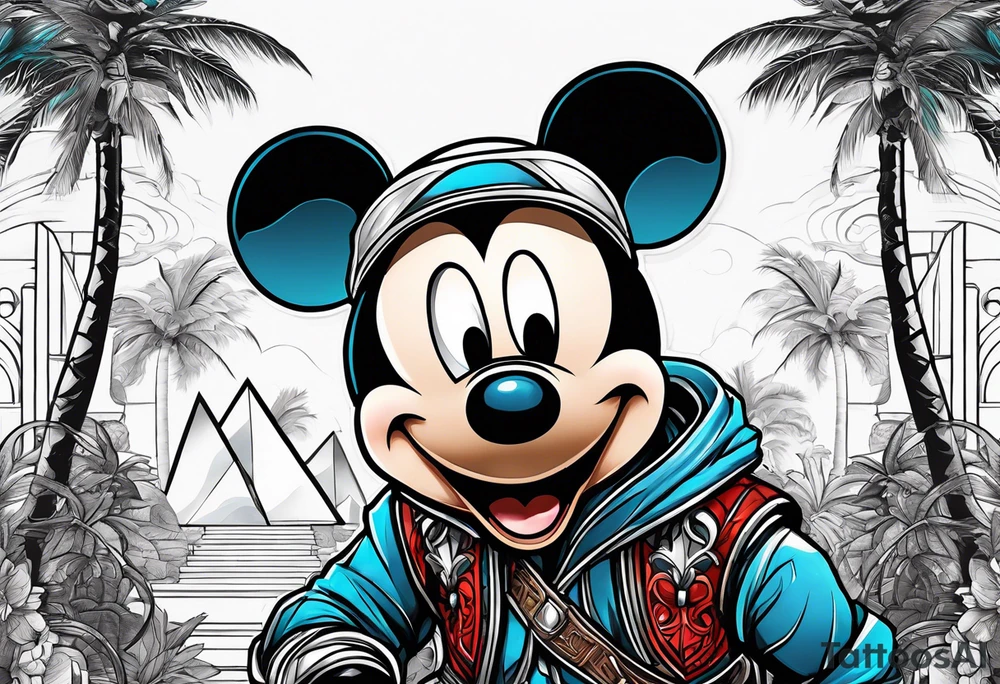 mickey mouse assassins creed character that is in the style of tron with palm trees tattoo idea