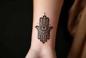 A black and gold Hamsa hand with intricate mandala patterns and an all-seeing eye in the center. tattoo idea
