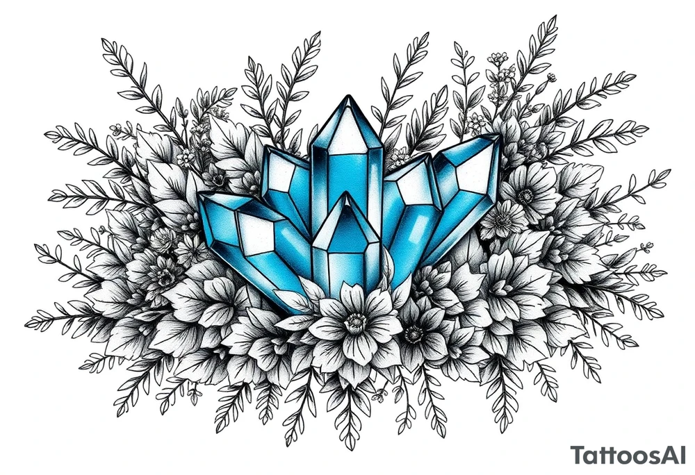 Produce a forearm sleeve tattoo design  The central focal point is a cluster of three vibrant blue crystals interwoven between foliage so that it looks like the leaves and foliage and flowers are weaving in and out and wrapping around the crystals. Surround these with a dense arrangement of black-and-grey foliage, flowers, and shrubs. The crystals should be faceted, standing out vividly in blue against the surrounding monochrome elements.

Integrate additional smaller crystal clusters (each with 3–4 crystals) throughout the foliage, but render these in fine black-and-grey linework so they blend naturally with the botanical elements. Use dotwork and fine shading for depth, with clean linework that balances organic foliage with the sharp geometry of the crystals.

All elements are black and grey except the main central crystal cluster, which is a striking blue. tattoo idea
