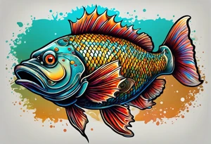 "A large fish riding on top of tank treads, highly detailed and realistic, with vibrant colors and a mechanical background." tattoo idea