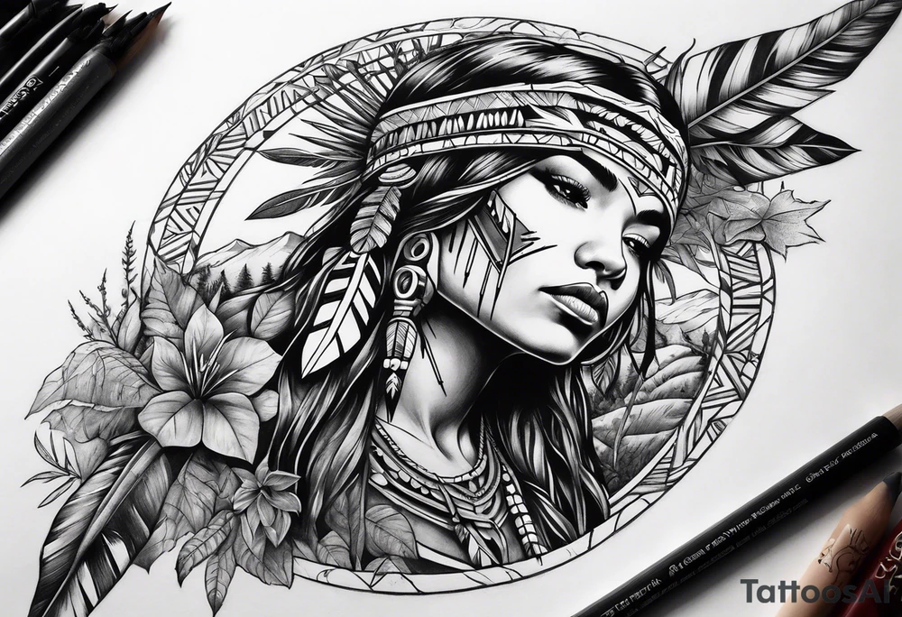 Native American holding a cross with plants and nature behind her, half sleeve tattoo idea