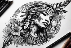 Native American holding a cross with plants and nature behind her, half sleeve tattoo idea