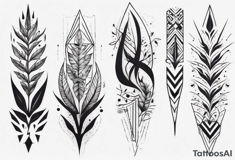 full arm tattoo. pointy leaves combined with geometric shapes. whole arm tattoo idea