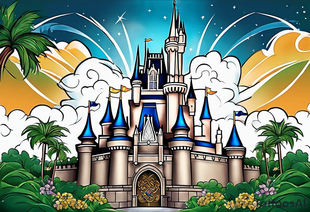 disney castle with a lightning storm palm trees and a mickey mouse and celtic symbol for family tattoo idea