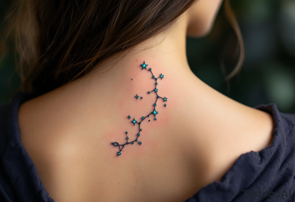 The Pisces constellation is dotted with tiny aquamarine stars that flow like water along the spine. tattoo idea