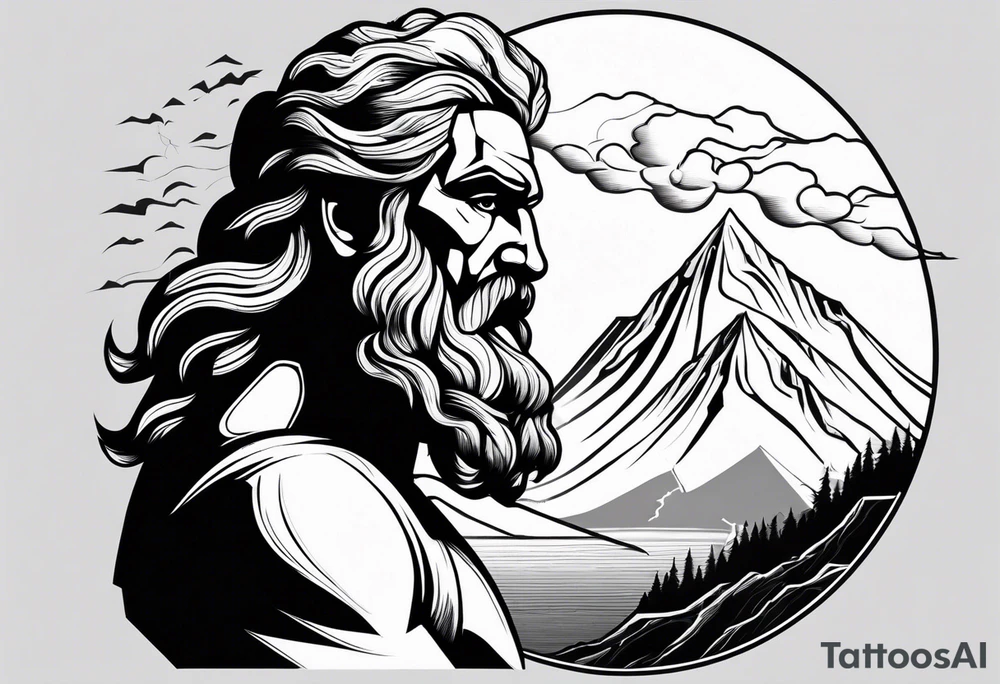 Zeus behind a Mountain View with lightning behind him tattoo idea