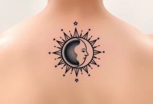 celestial sun and moon embrace with constellation patterns tattoo idea