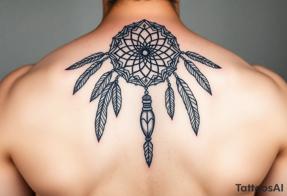 native dreamcatcher with flowing feathers and sacred beads tattoo idea