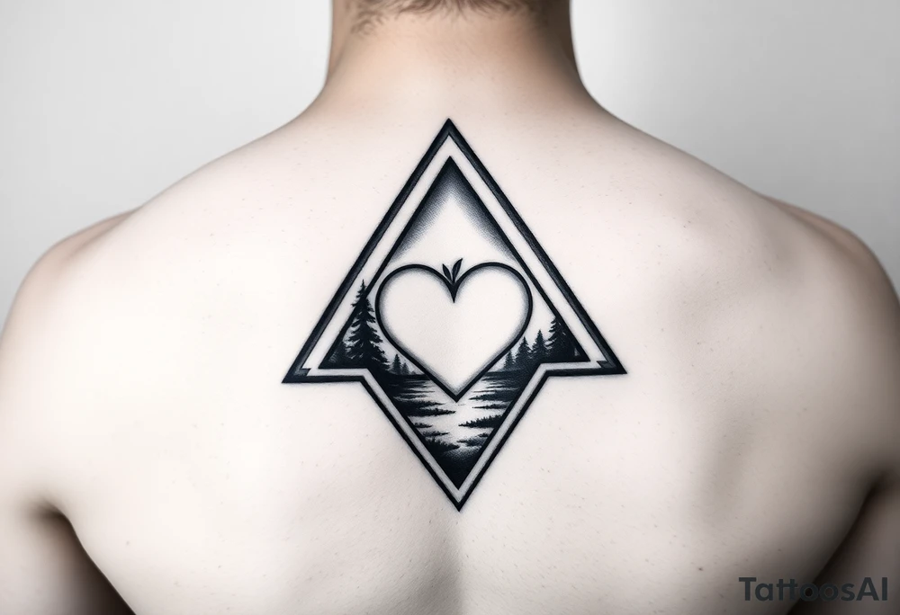 A triangle with a heart in the center and a nature scene in background tattoo idea