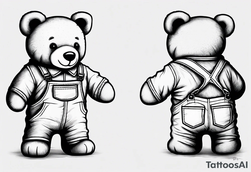 the back of a standing teddy bear in overalls tattoo idea