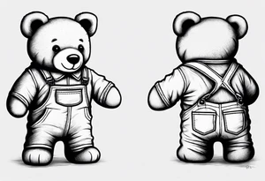 the back of a standing teddy bear in overalls tattoo idea