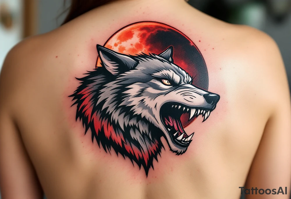 Snarling wolf under a lunar eclipse, with half-red, half-shadowed moon in the sky, done in bold black, gray, and red ink. tattoo idea