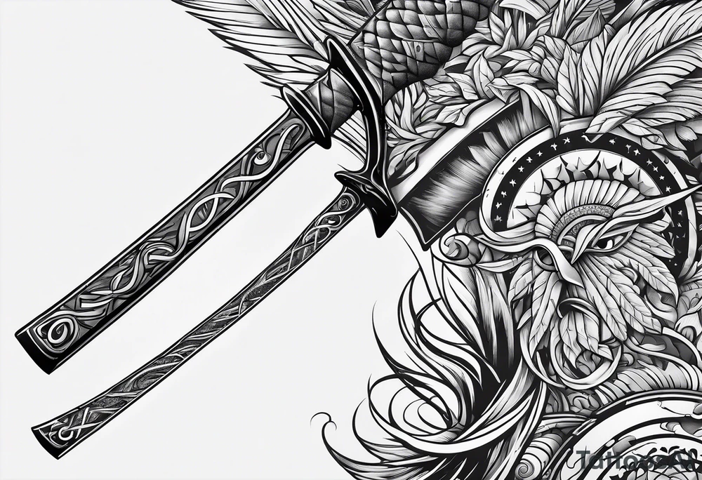 Tomahawk with scroll that says Pholsom tattoo idea