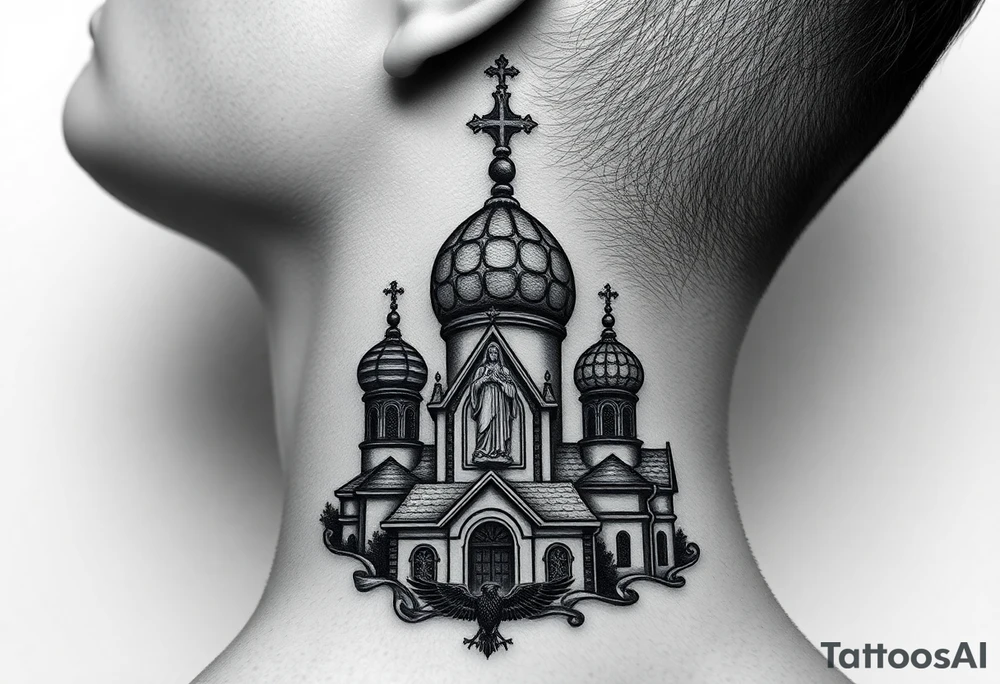 Flowing Scene

A onion domes orthodox church
Virgin Mary in prayer pose wrapping around the lower neck curve
A small double headed russian coat of arms eagle or just the star tucked above the dome near the hairline tattoo idea