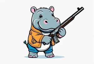 Baby hippo wearing overalls and holding a shotgun tattoo idea