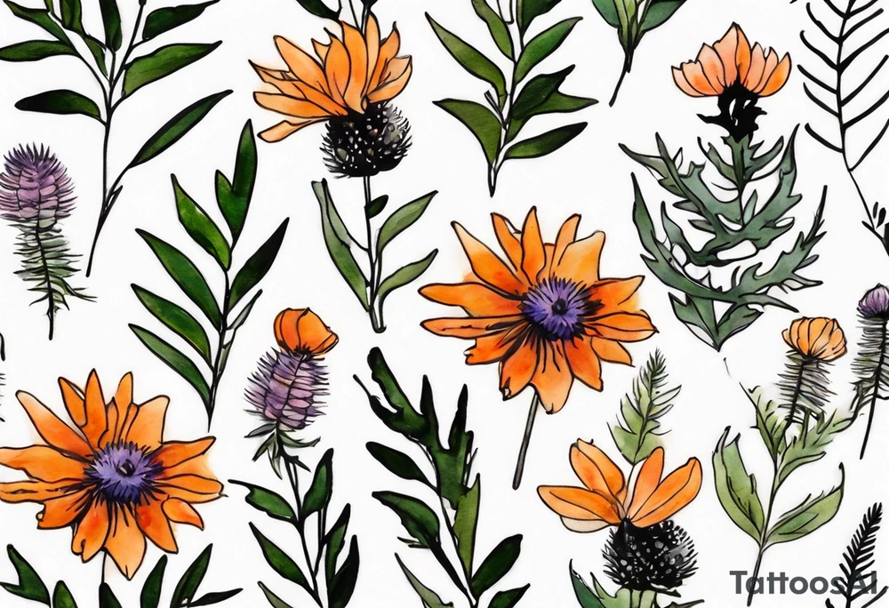mixed wildflower bouquet with ferns, burnt orange flower, thistle and with watercolor to go along foot tattoo idea