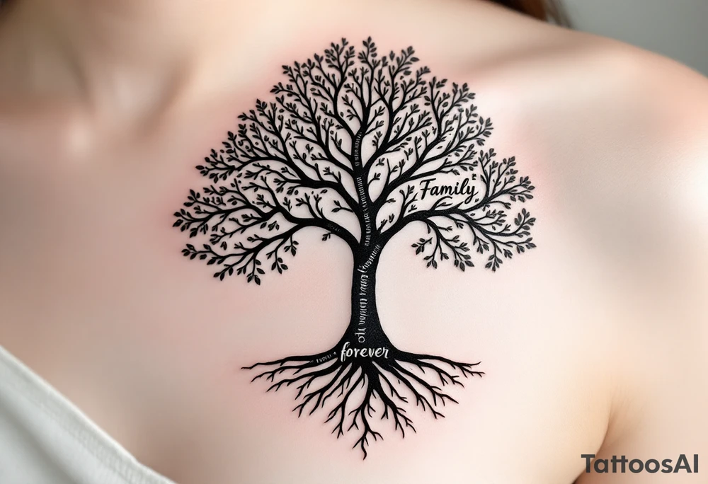 Tree shaped like a human silhouette, trunk forming the body, branches as arms. Names spiraling up the limbs, roots forming “Family is forever” in script. Black and gray realism with subtle red accents. tattoo idea