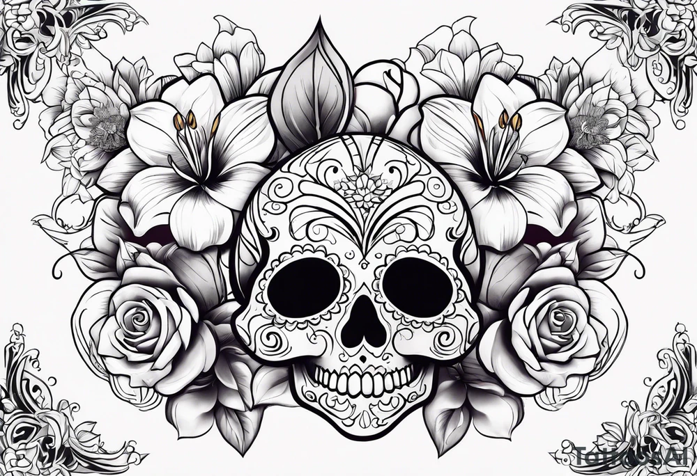 Sugar skulls with lilies and roses tattoo idea