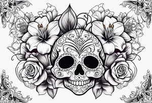 Sugar skulls with lilies and roses tattoo idea