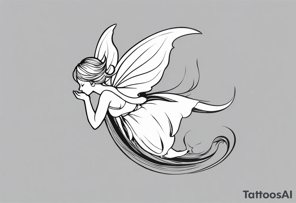 Minimalistic, monochromatic fairy with a tail flying to the left in a fetal position, leaning and looking in the same direction, with visible hands, embodying the 'Fairy Tail' logo aesthetic. tattoo idea