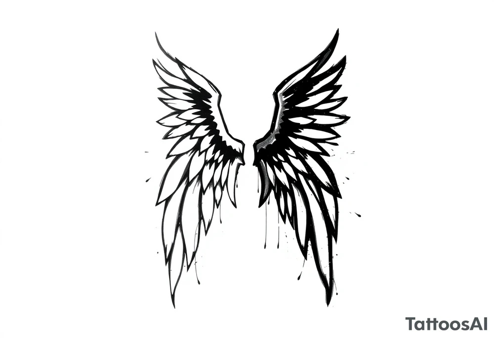 This tattoo design features a pair of asymmetrical angel wings drawn in black ink with a rough, sketch-like style. The left wing is darker, more defined, and appears denser, while the right wing is lighter, more delicate, and fragmented, creating a contrast between the two. The feathers are sharp and irregular, with fine lines and stray strokes extending outward, adding a raw and artistic feel. The overall look is dynamic and slightly chaotic, giving the impression of movement or an unfinished, ethereal form. This design symbolizes duality, freedom, transformation, or even struggle, making it a meaningful and visually striking tattoo. tattoo idea